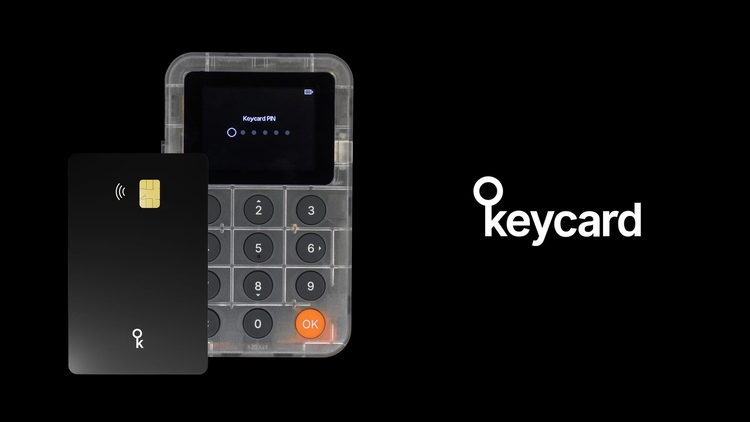 Smartcard hardware wallet tapped via NFC to sign a transaction using an on-card secure element chip.