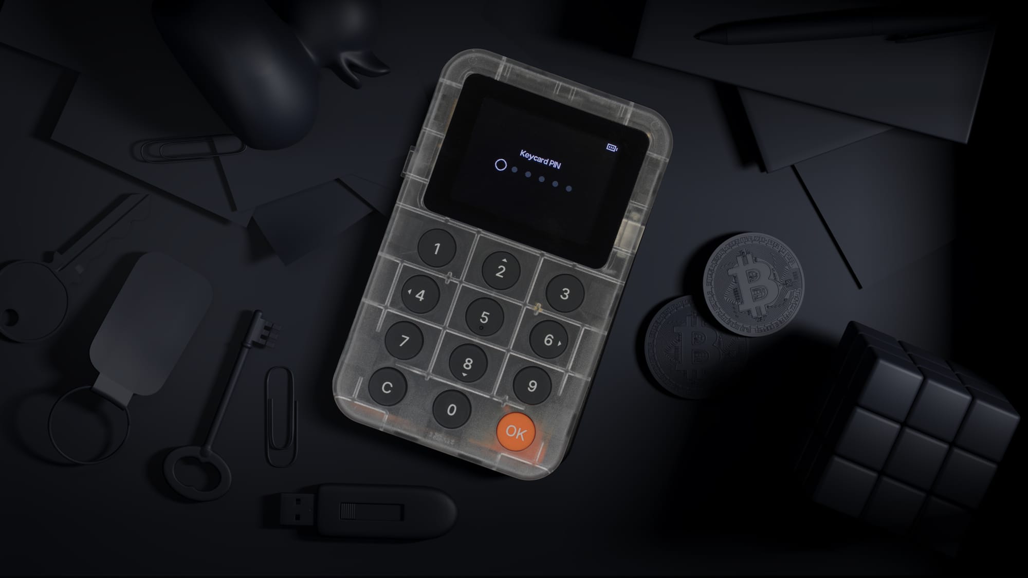 A handwritten crypto wallet recovery phrase on paper next to a hardware wallet smartcard