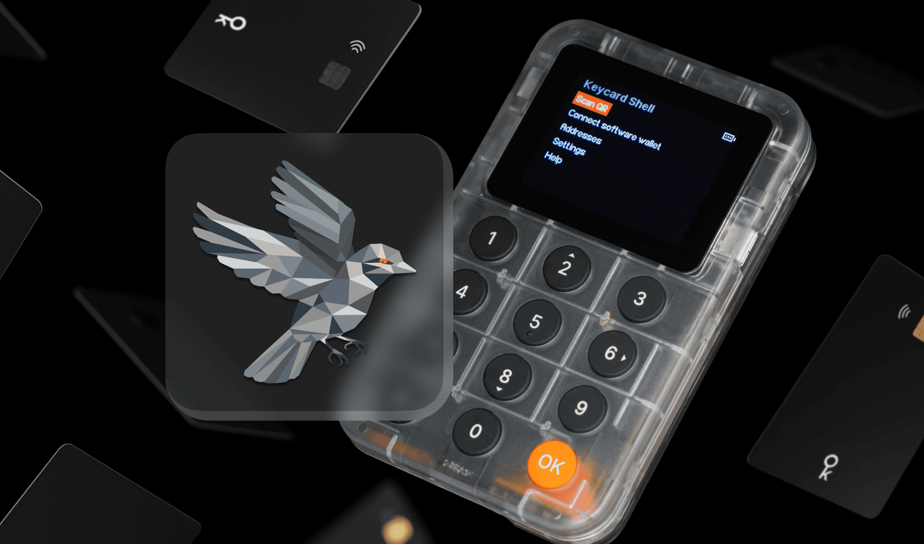 A header image showing the Sparrow Wallet logo and a Keycard Shell device